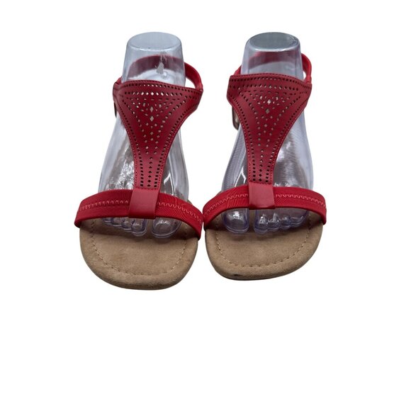 Alfani Size 10 Red T-Strap Wedge Sandals Perforated Design Faux Cork Heel - Picture 1 of 7